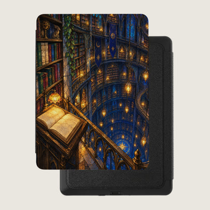 E-reader case with fantasy library design and ornate open book.