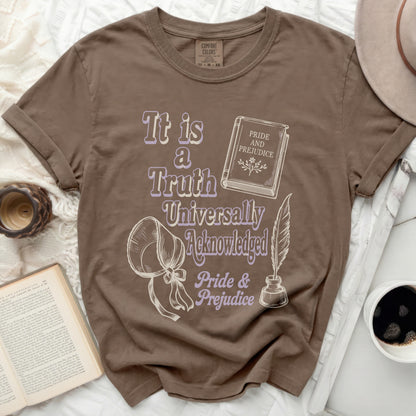 Brown t-shirt with Pride and Prejudice quote and illustrations.