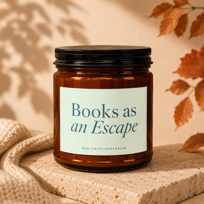 Amber jar candle with "Books as an Escape" label on textured stone.