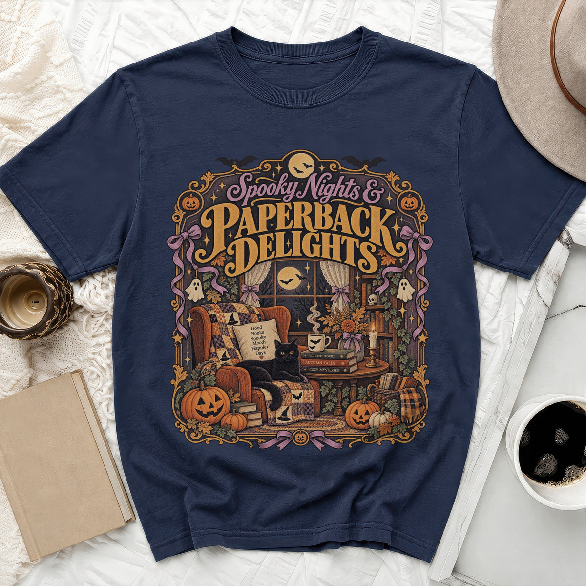 Navy t-shirt with "Spooky Nights & Paperback Delights" Halloween-themed graphic.