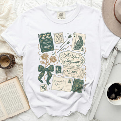 White t-shirt with "The Love Language" and romantic, vintage-inspired graphics.