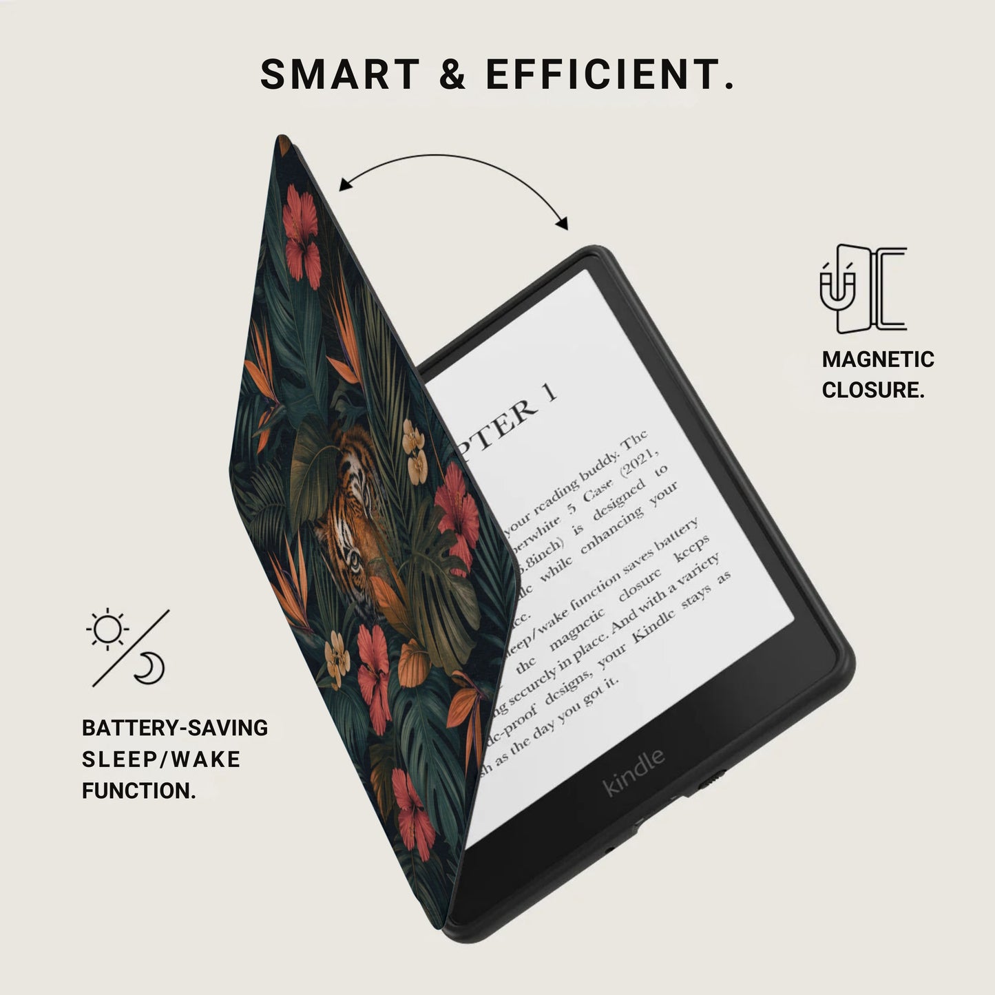 Kindle e-reader with tropical floral case, magnetic closure, and battery-saving function.