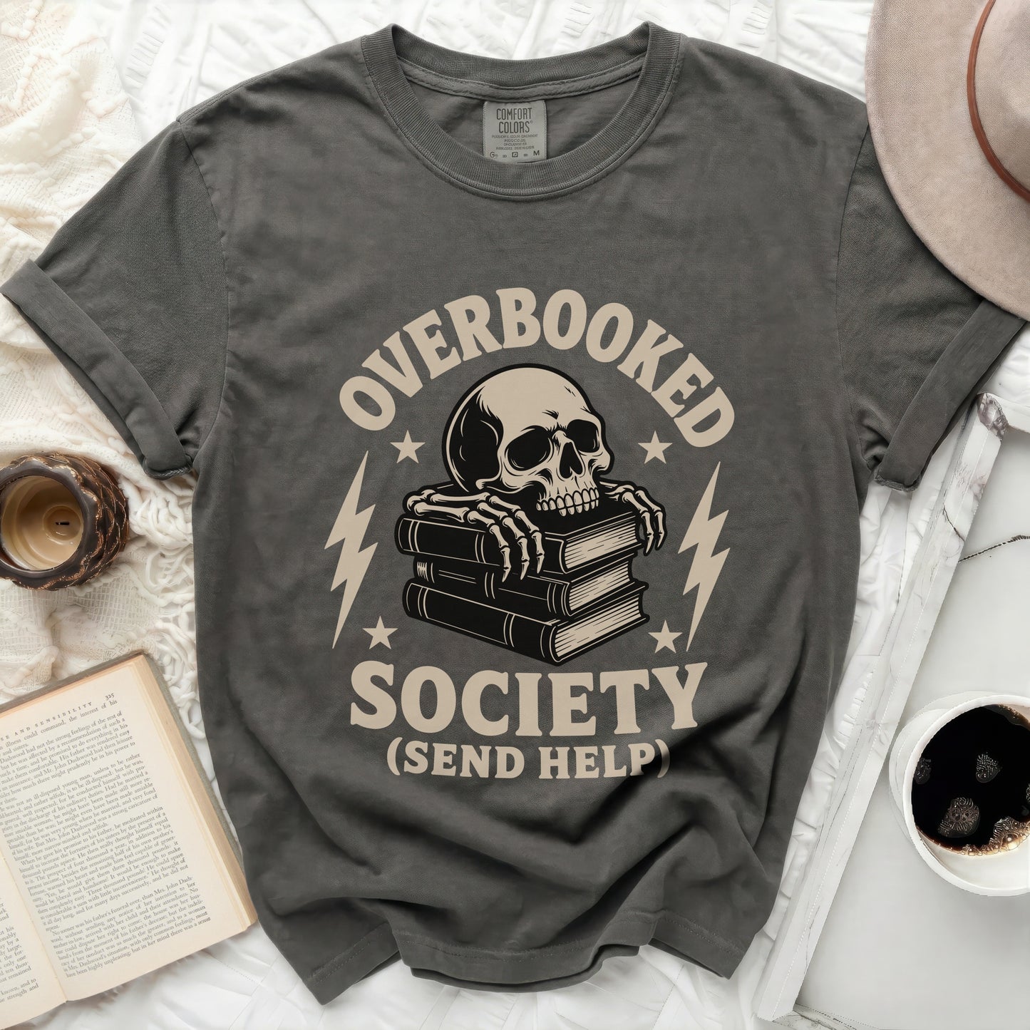 Overbooked Society skeleton on books graphic t-shirt