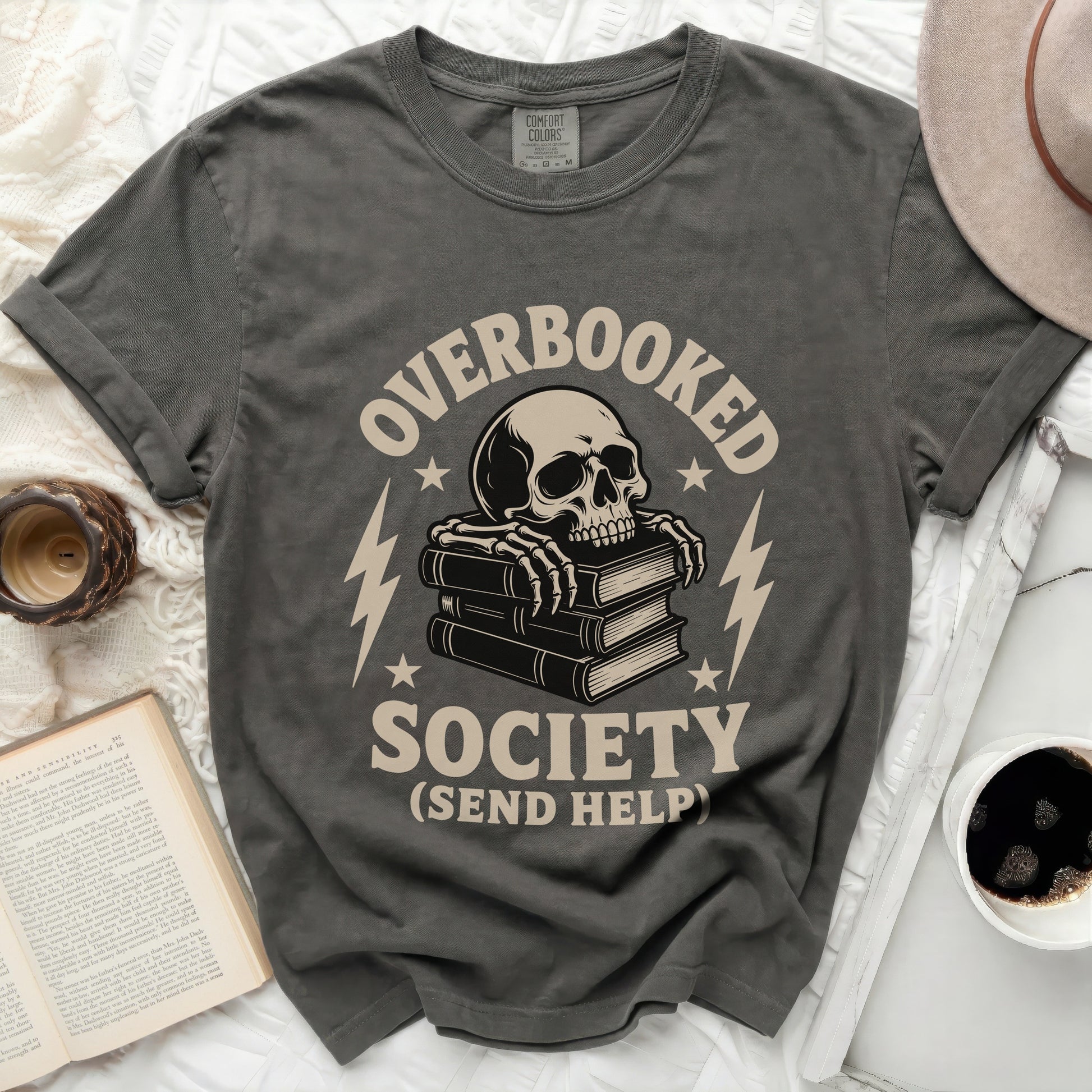 Overbooked Society skeleton on books graphic t-shirt