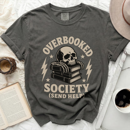 Overbooked Society skeleton on books graphic t-shirt
