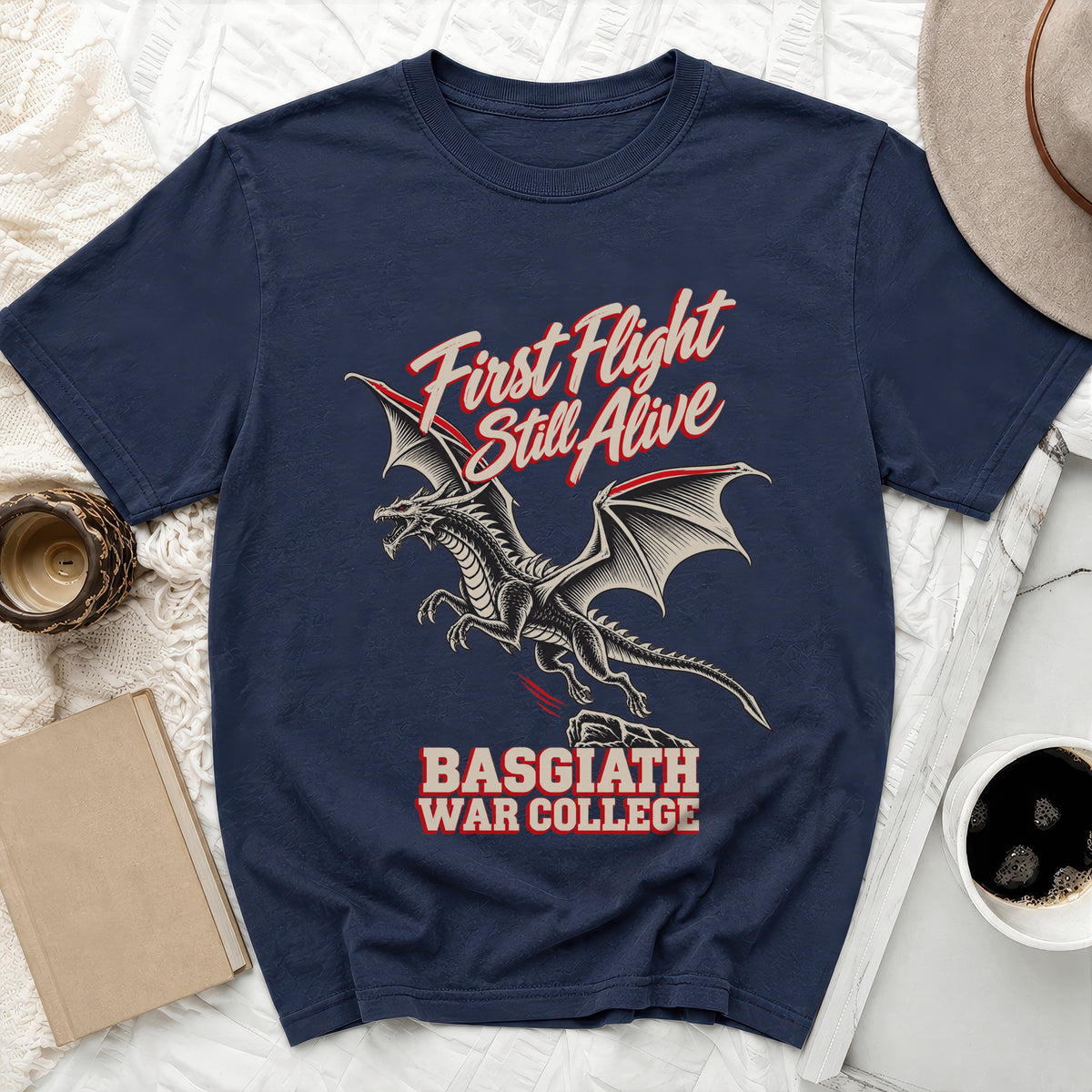 Navy t-shirt with dragon graphic and text "First Flight Still Alive Basgiath War College".