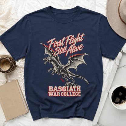 Navy t-shirt with dragon graphic and text "First Flight Still Alive Basgiath War College".