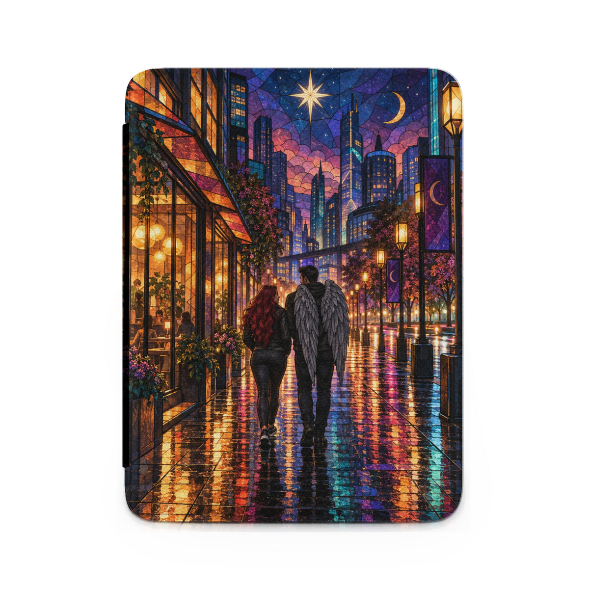 Couple walking on wet city street at night with stained-glass skyline and celestial art.