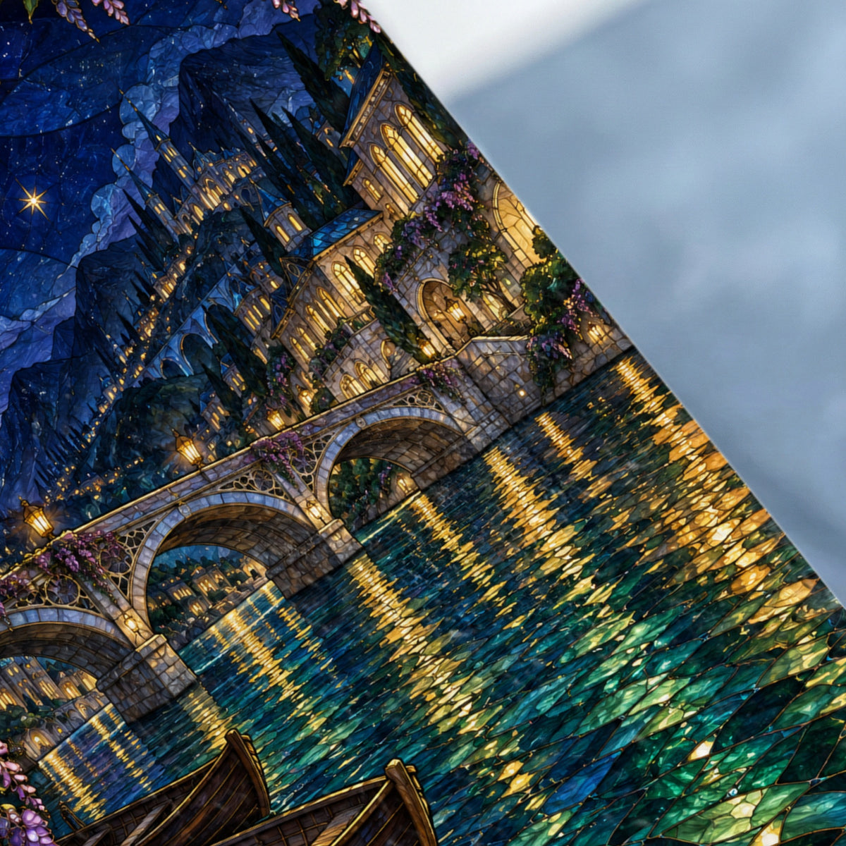 Stained glass art depicting a castle, bridge, and glowing river with boats at night.