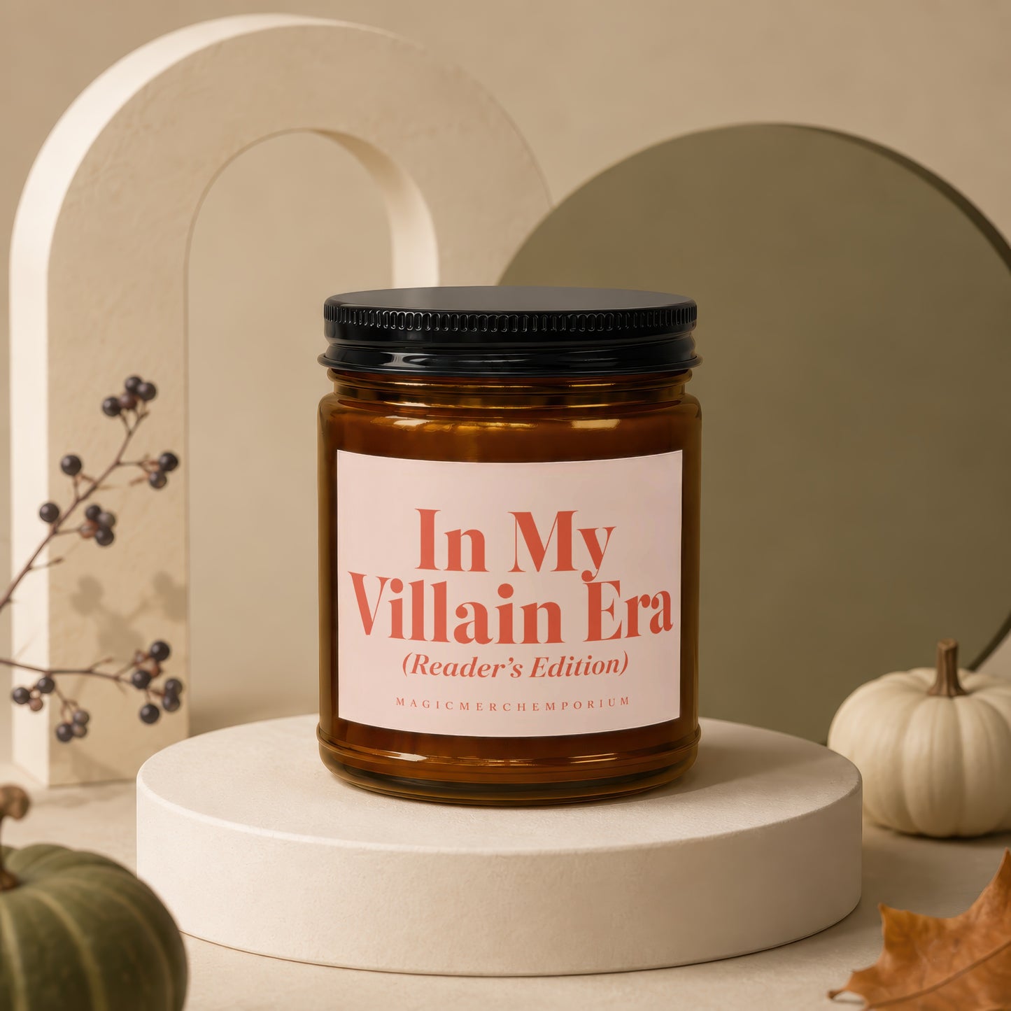 Candle with "In My Villain Era (Reader's Edition)" text in amber jar.