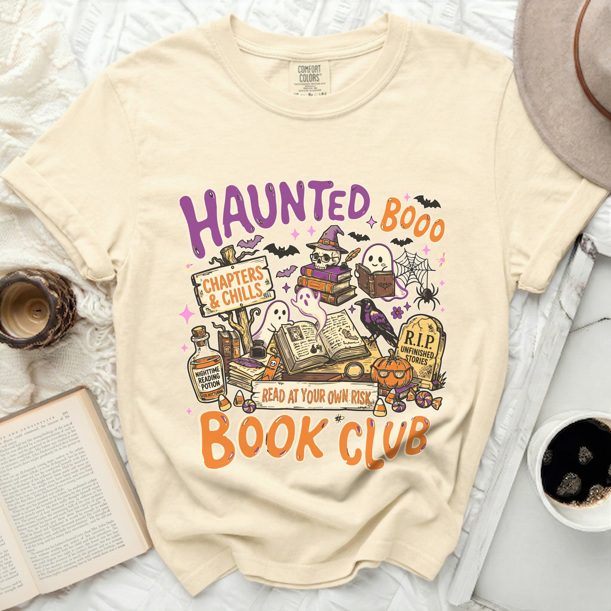 Haunted Boo! Book Club graphic with pumpkins, ghosts, bats, and books.