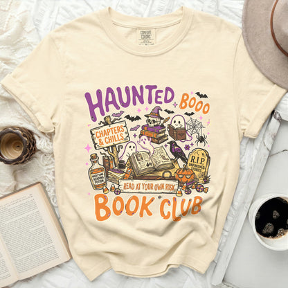 Haunted Boo! Book Club graphic with pumpkins, ghosts, bats, and books.