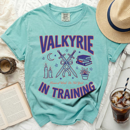 Teal t-shirt with purple and orange text reading VALKYRIE IN TRAINING and crossed swords, surrounded by books, candles, and a potted plant.