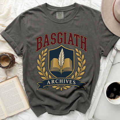 Gray t-shirt with Basgiath Archives crest featuring an open book and quill.