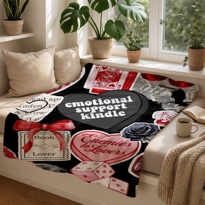 Black blanket with "Emotional Support Kindle," hearts, dice, and "Book Lover" text.