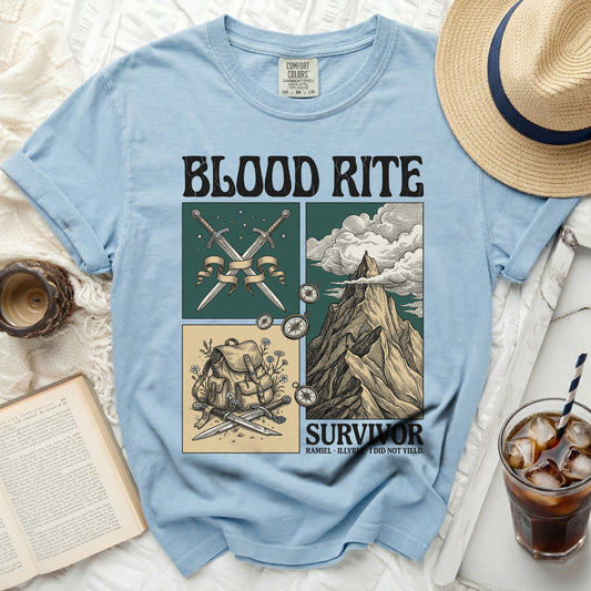 Light blue t-shirt with "BLOOD RITE" and "SURVIVOR" graphic art.