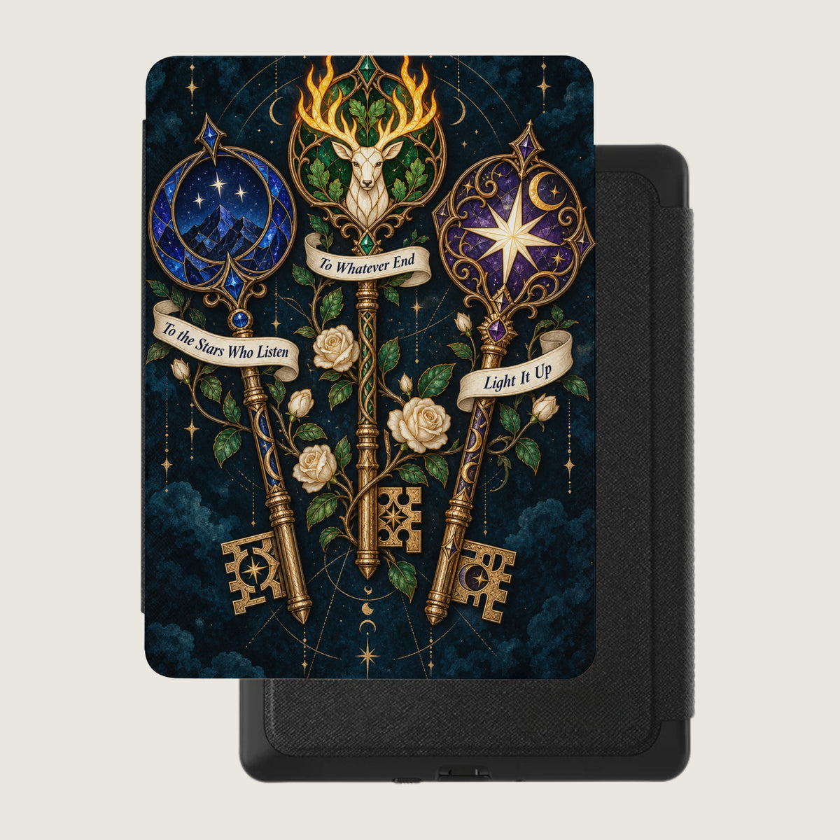 Three ornate keys with celestial designs and quotes against a dark, starry background.
