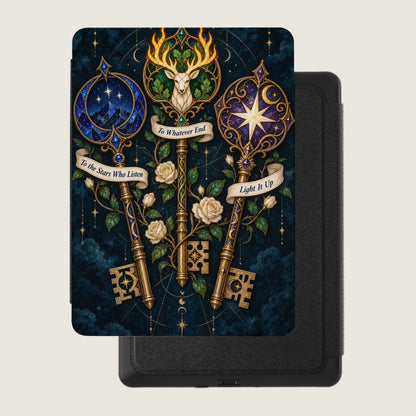 Three ornate keys with celestial designs and quotes against a dark, starry background.