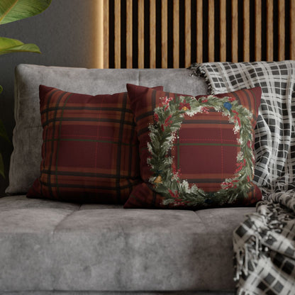 Decorative Holiday Wreath and Plaid Throw Pillow