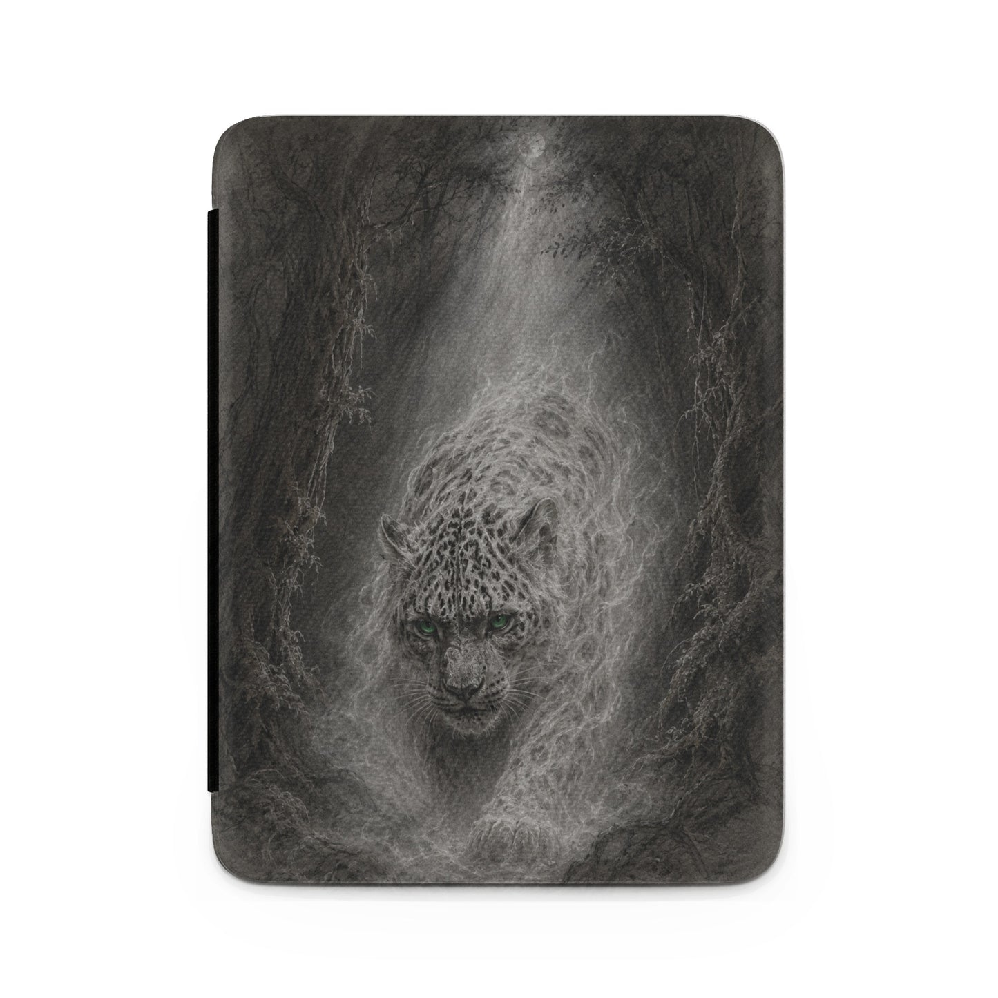 Leopard with green eyes emerging from foggy forest in a graphite drawing style.