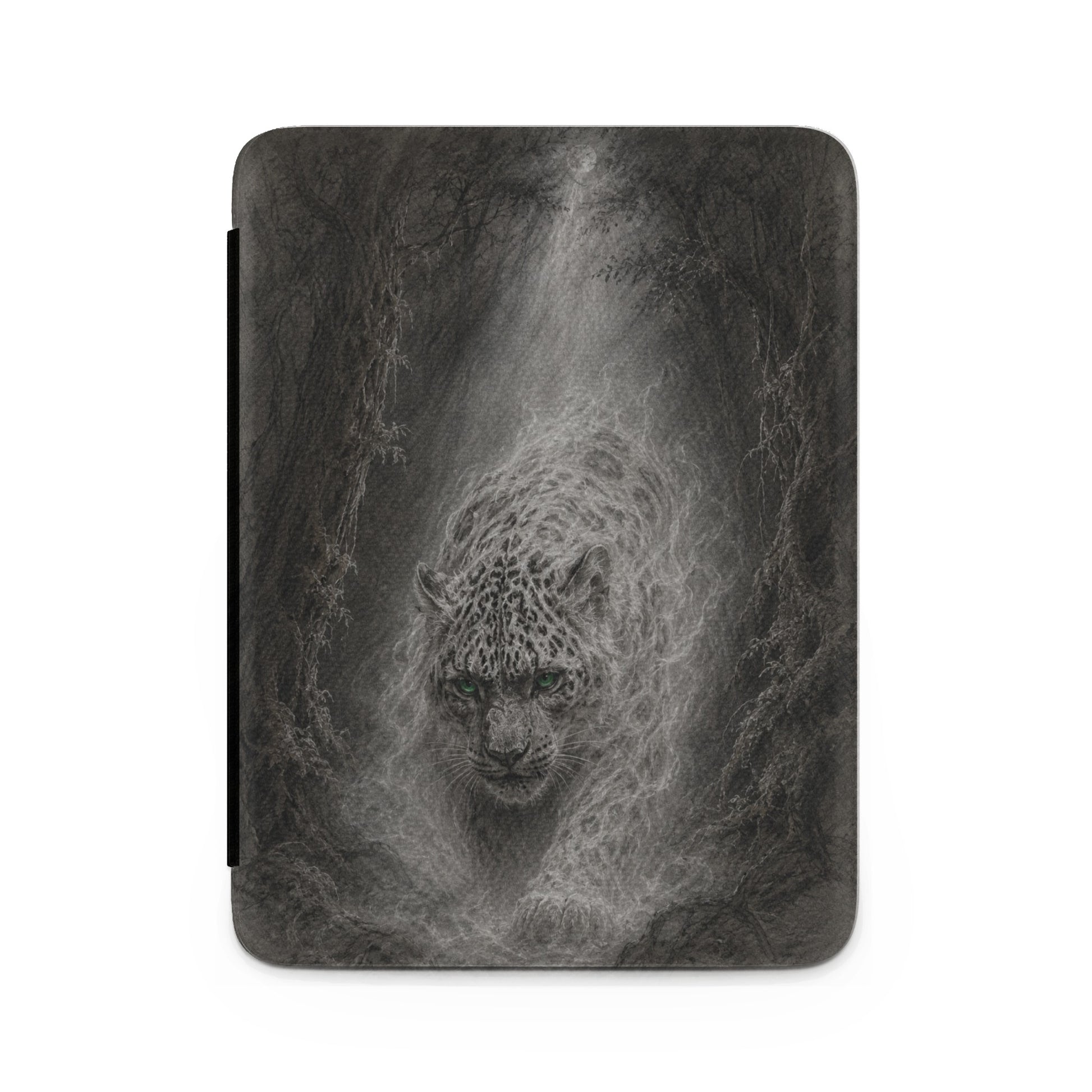 Leopard with green eyes emerging from foggy forest in a graphite drawing style.