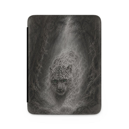 Leopard with green eyes emerging from foggy forest in a graphite drawing style.