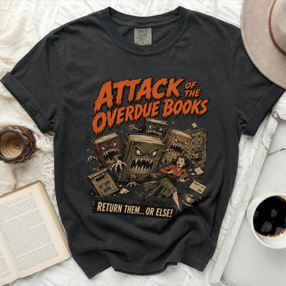 Attack of the Overdue Books graphic tee with vintage comic style.