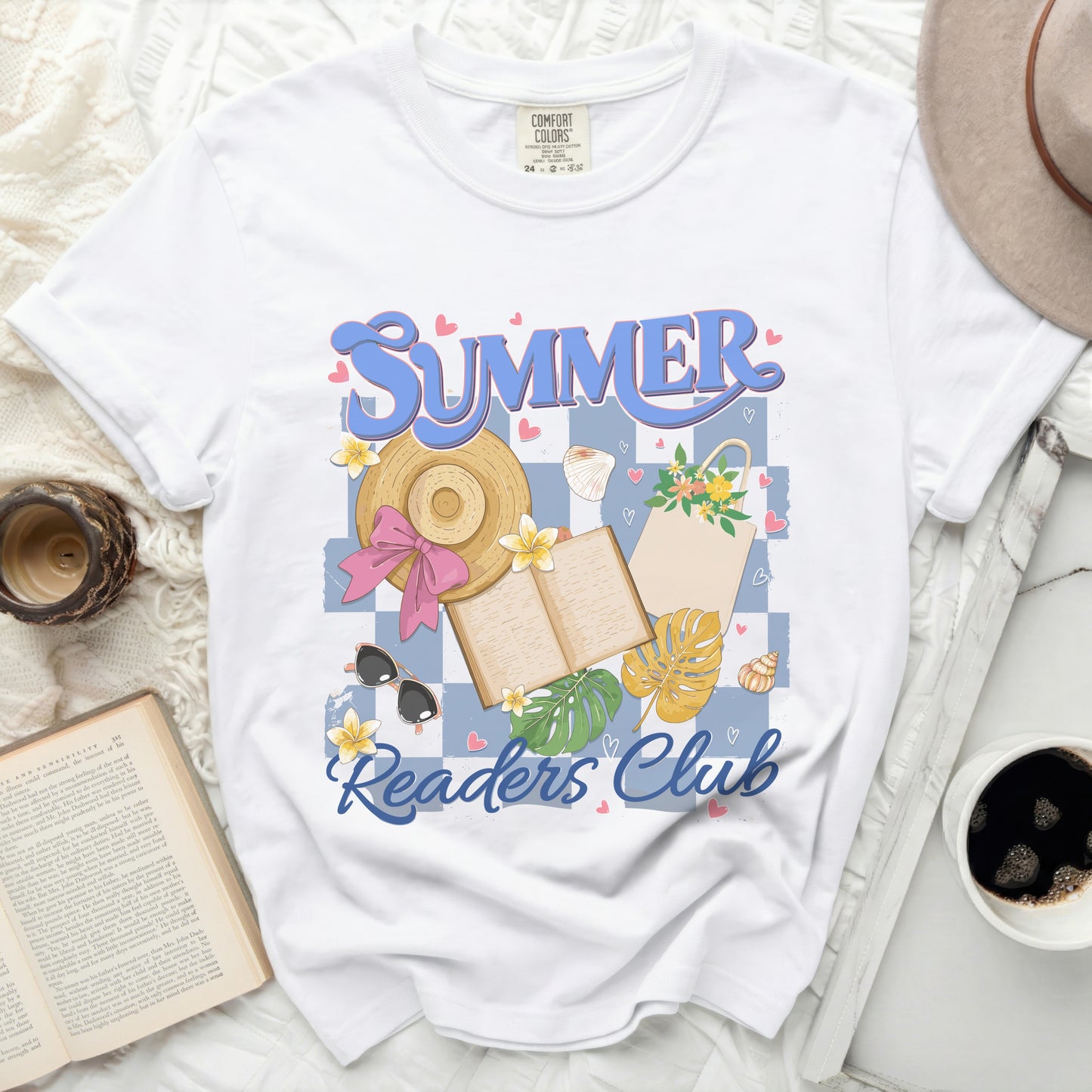 White t-shirt with "Summer Readers Club" graphic and summer theme.