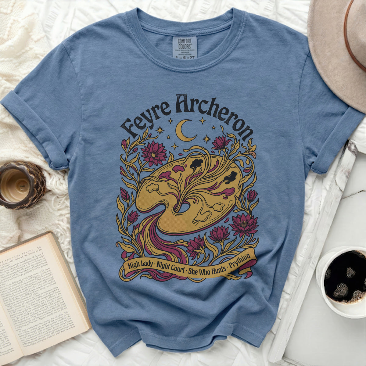 Blue t-shirt with "Feyre Archeron" and floral art.