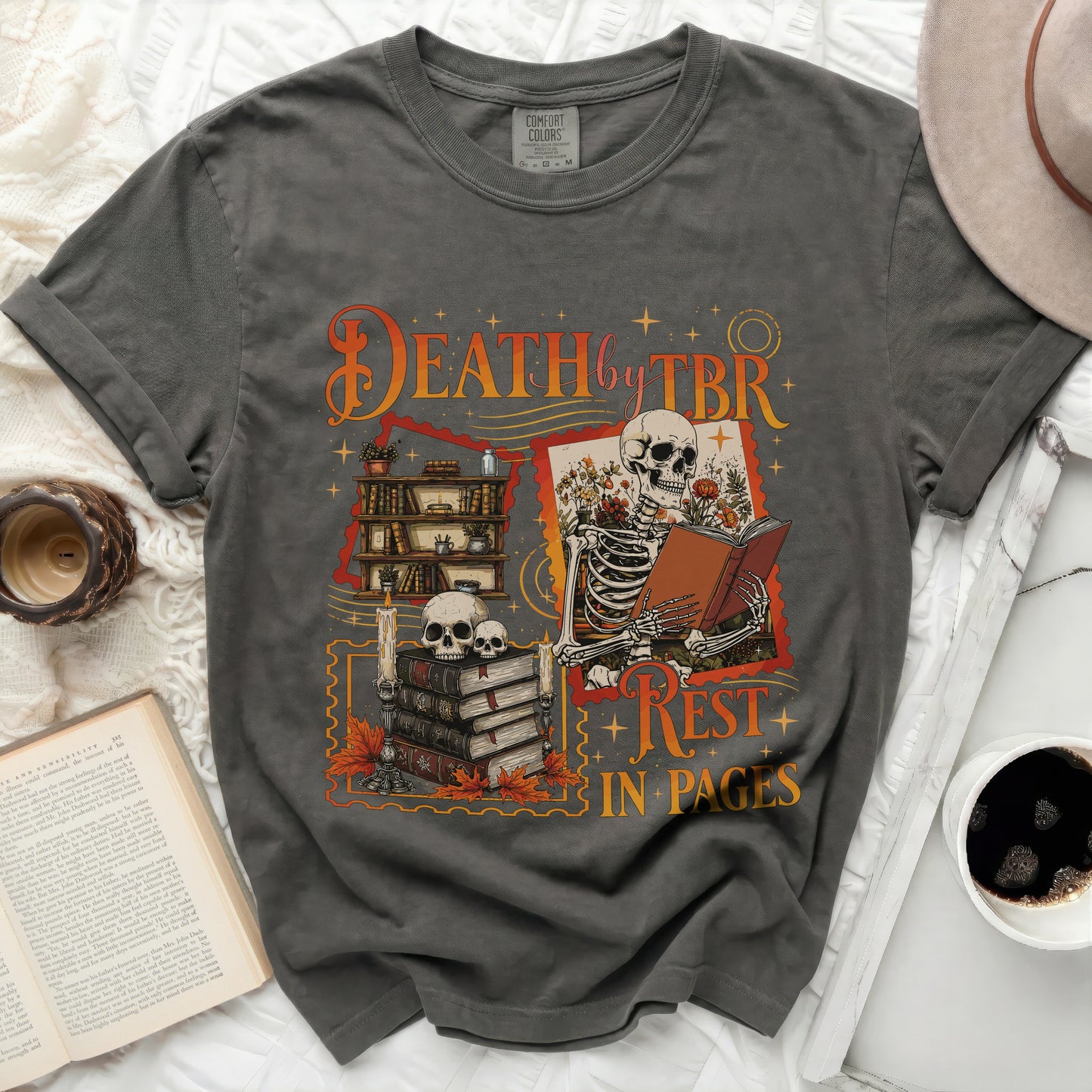 Skeleton reading book with text "Death by TBR + Rest in Pages".