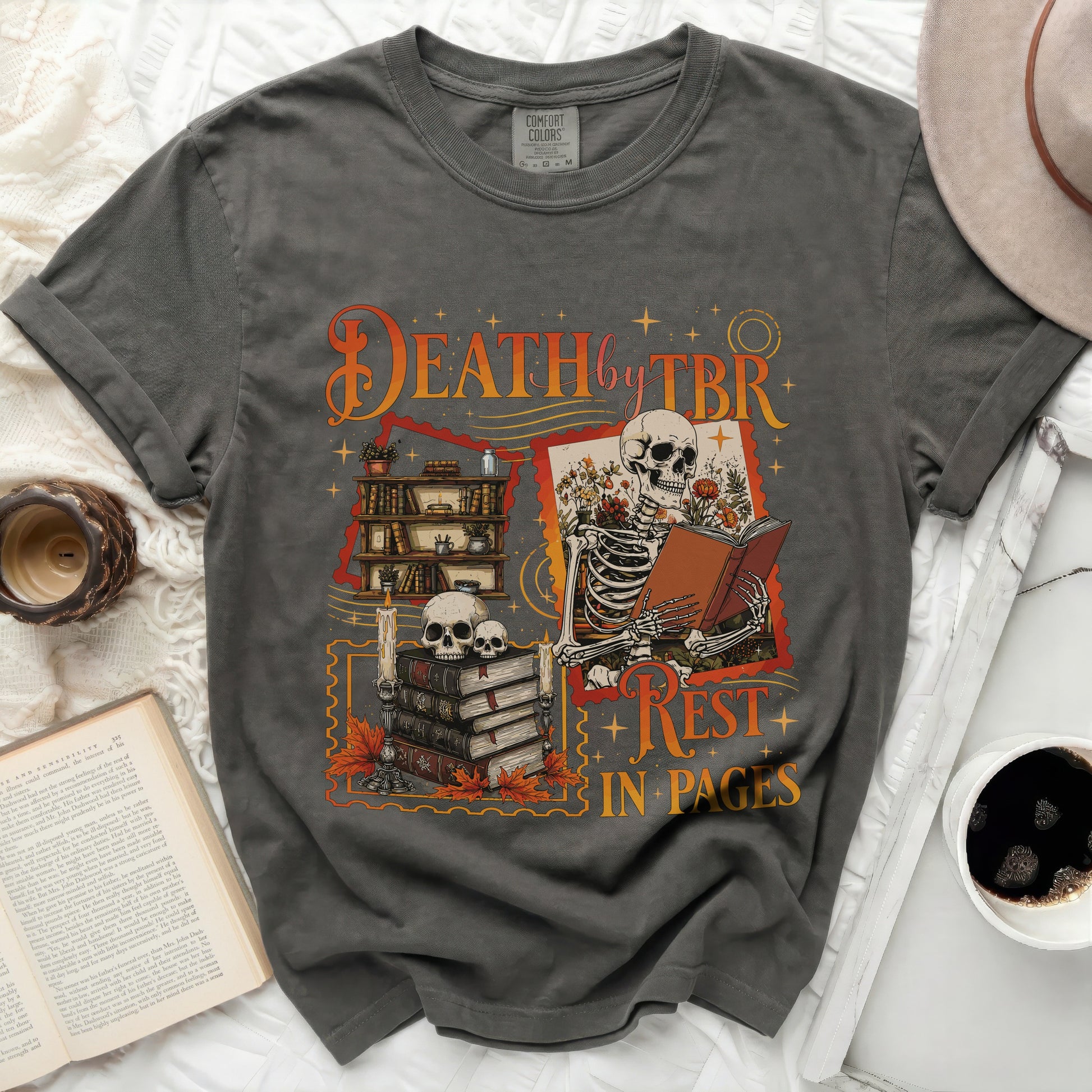 Skeleton reading book with text "Death by TBR + Rest in Pages".