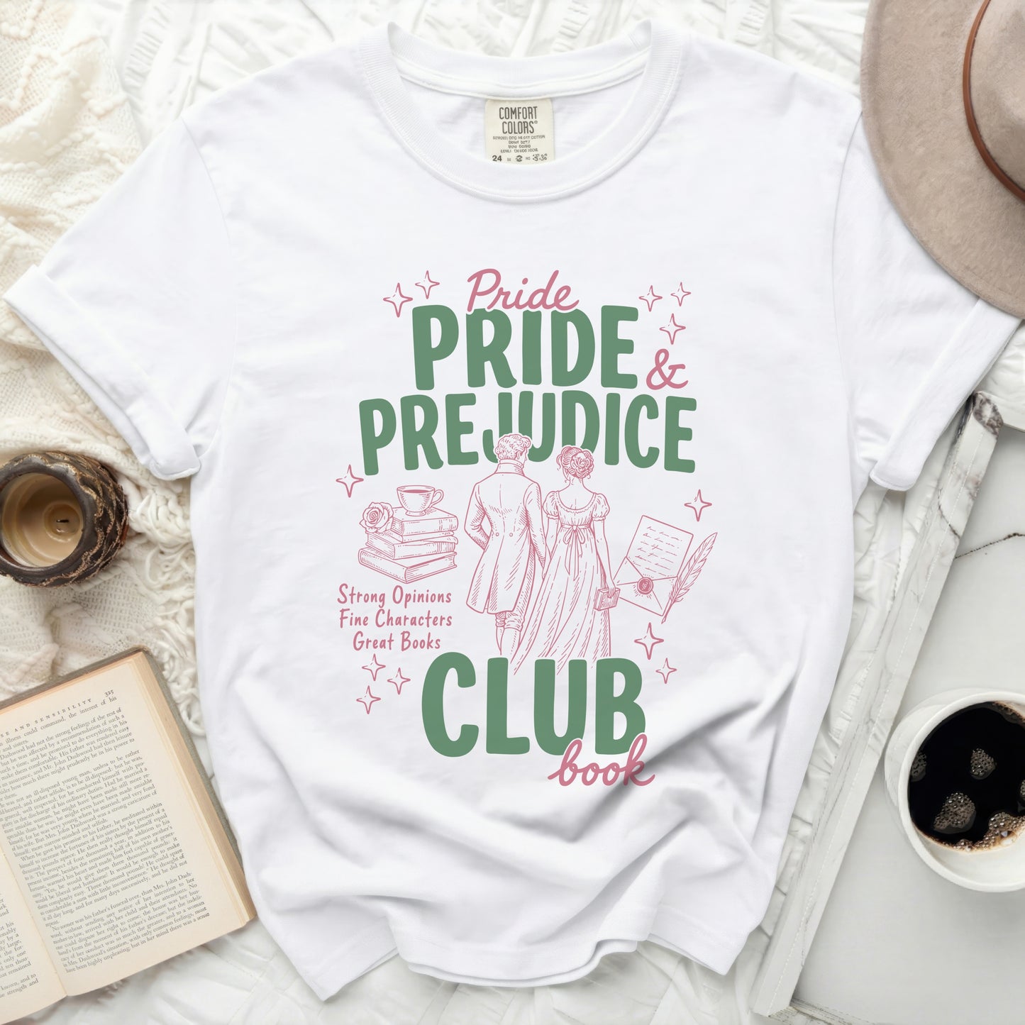 White t-shirt with "Pride & Prejudice Club Book" graphic and illustrations.