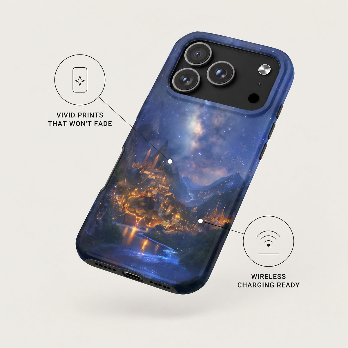 A dark blue phone case featuring a starry night fantasy landscape print with callout labels.