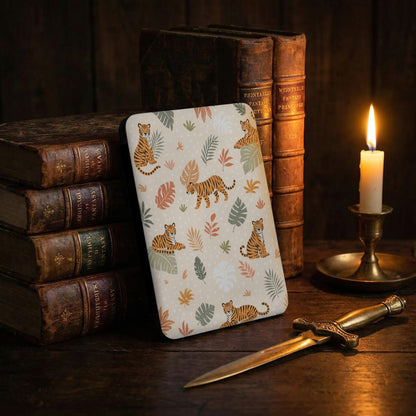 Device cover with tigers and leaves pattern, antique books, and candle.