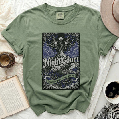 Comfort Colors t-shirt with "Night Court Mountain Born Star Eternal" text.