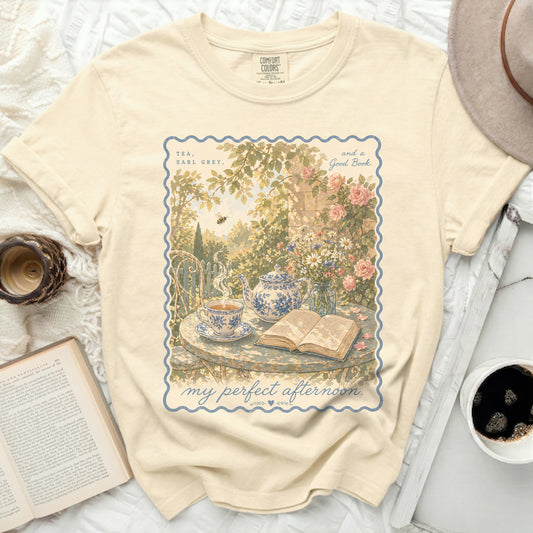 Cream t-shirt with "Tea, Earl Grey, and a Good Book. My Perfect Afternoon." text.