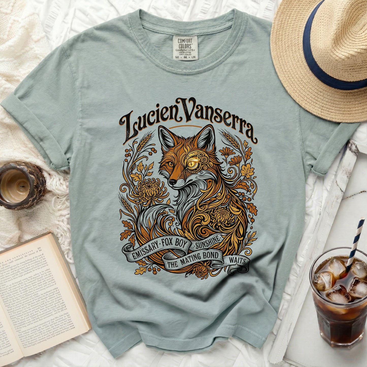 T-shirt with a fox illustration and text: "Lucien Vanserra Emissary Fox Boy Sunshine The Mating Bond Waits"