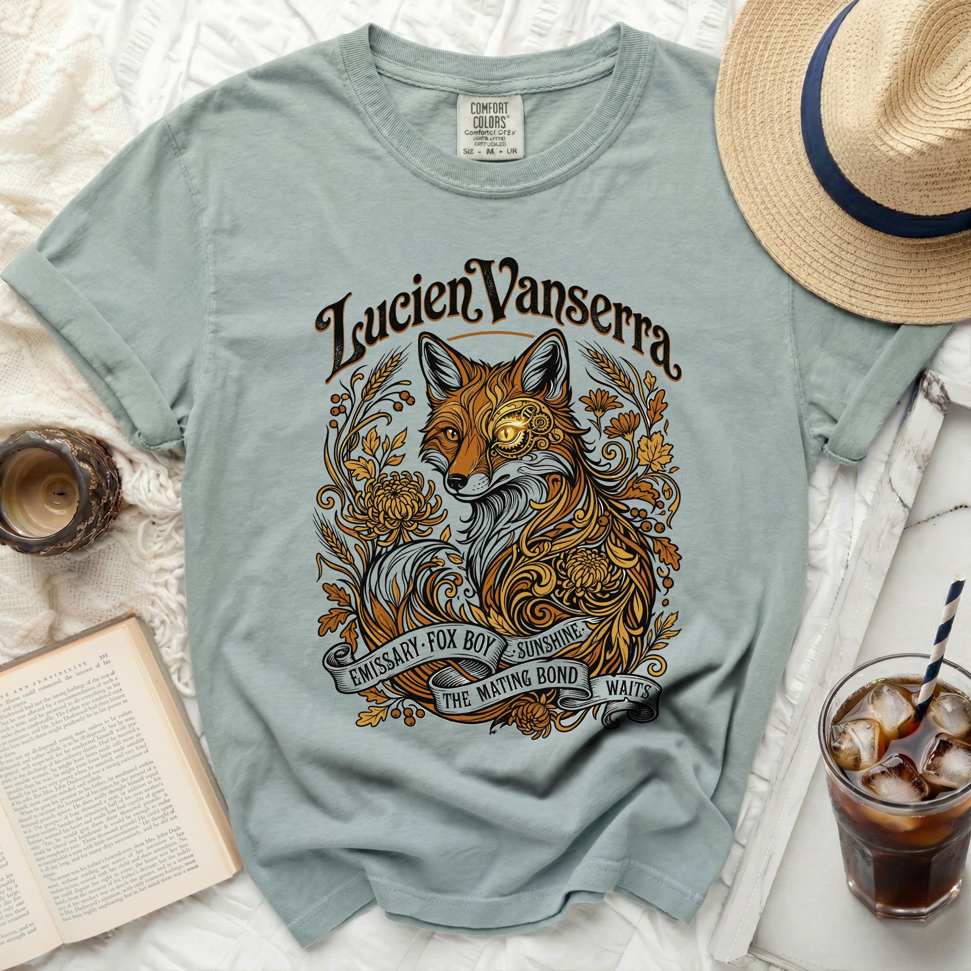 T-shirt with a fox illustration and text: "Lucien Vanserra Emissary Fox Boy Sunshine The Mating Bond Waits"