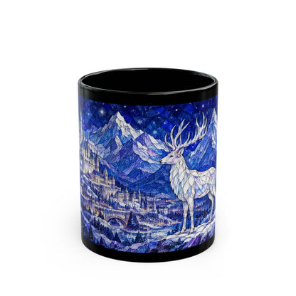 A black ceramic mug featuring a blue stained-glass winter scene with a castle and a stag.