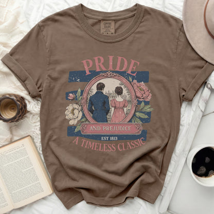 Pride and Prejudice graphic tee with oval portrait, flowers, and text.