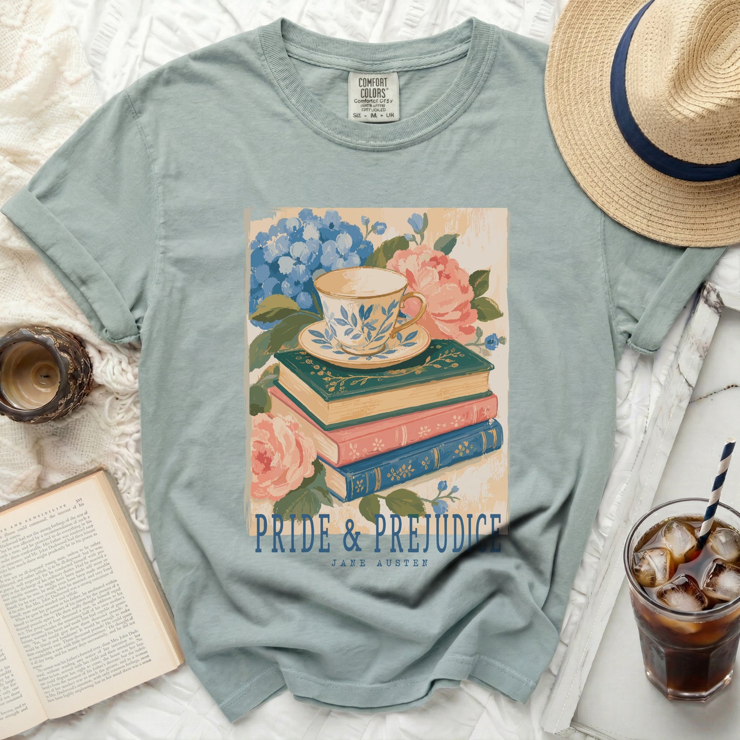 T-shirt with "Pride & Prejudice" and Jane Austen text, featuring floral design.