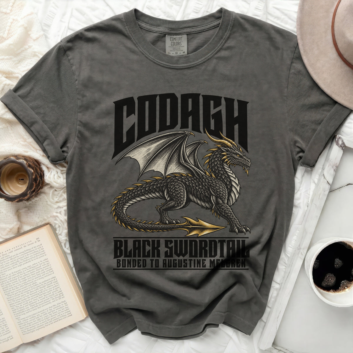 Grey t-shirt with a black dragon graphic and text "CODAGH BLACK SWORDTAIL".
