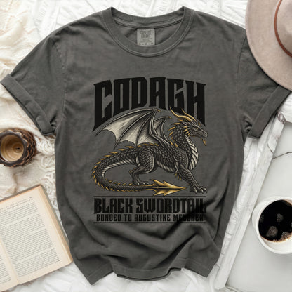 Grey t-shirt with a black dragon graphic and text "CODAGH BLACK SWORDTAIL".