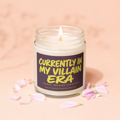 Candle with text "Currently In My Villain Era" and "MagicMerchEmporium".