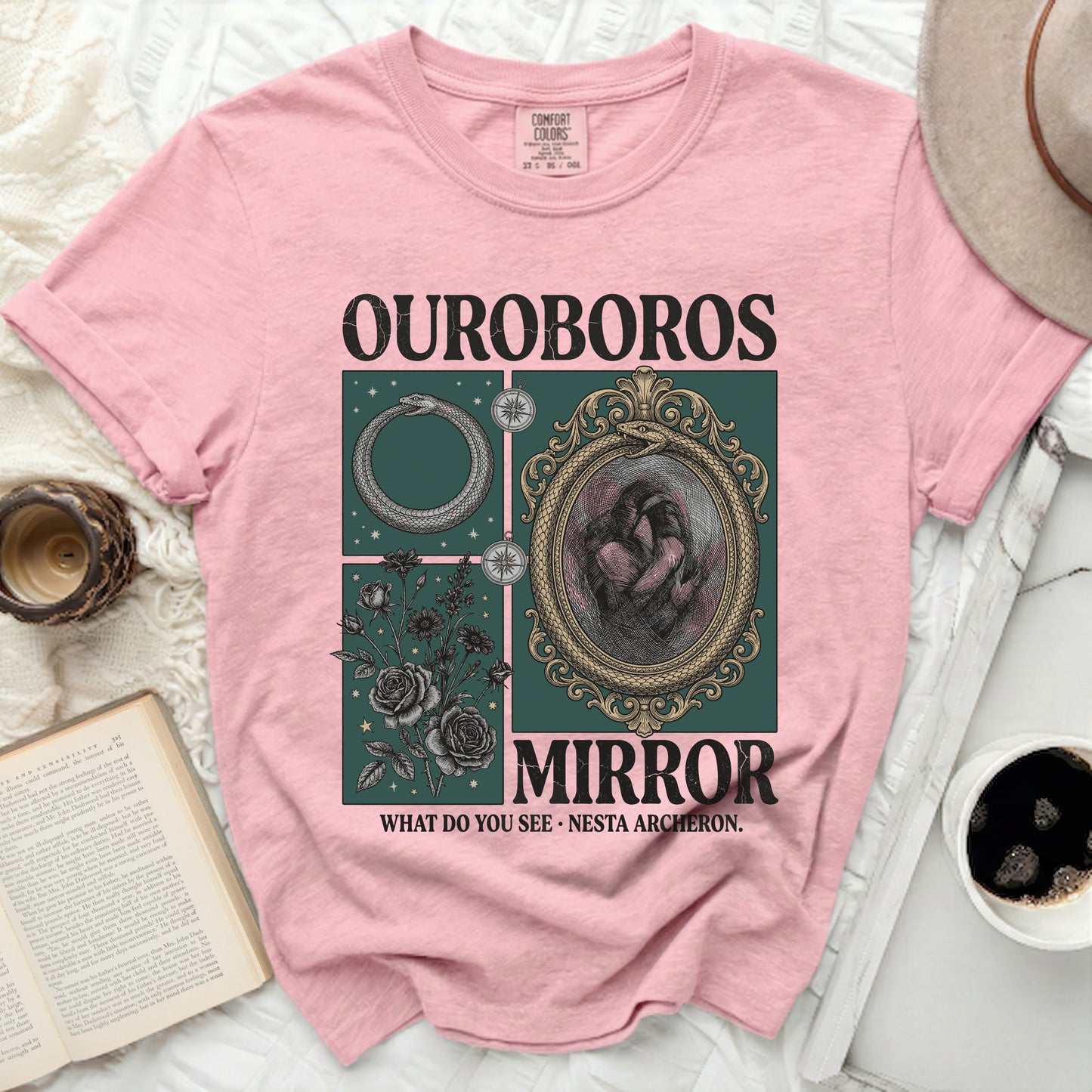Pink t-shirt with OUROBOROS MIRROR design and text.