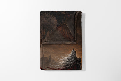 Blanket featuring a crowned figure with long white hair and dark armor facing a castle.