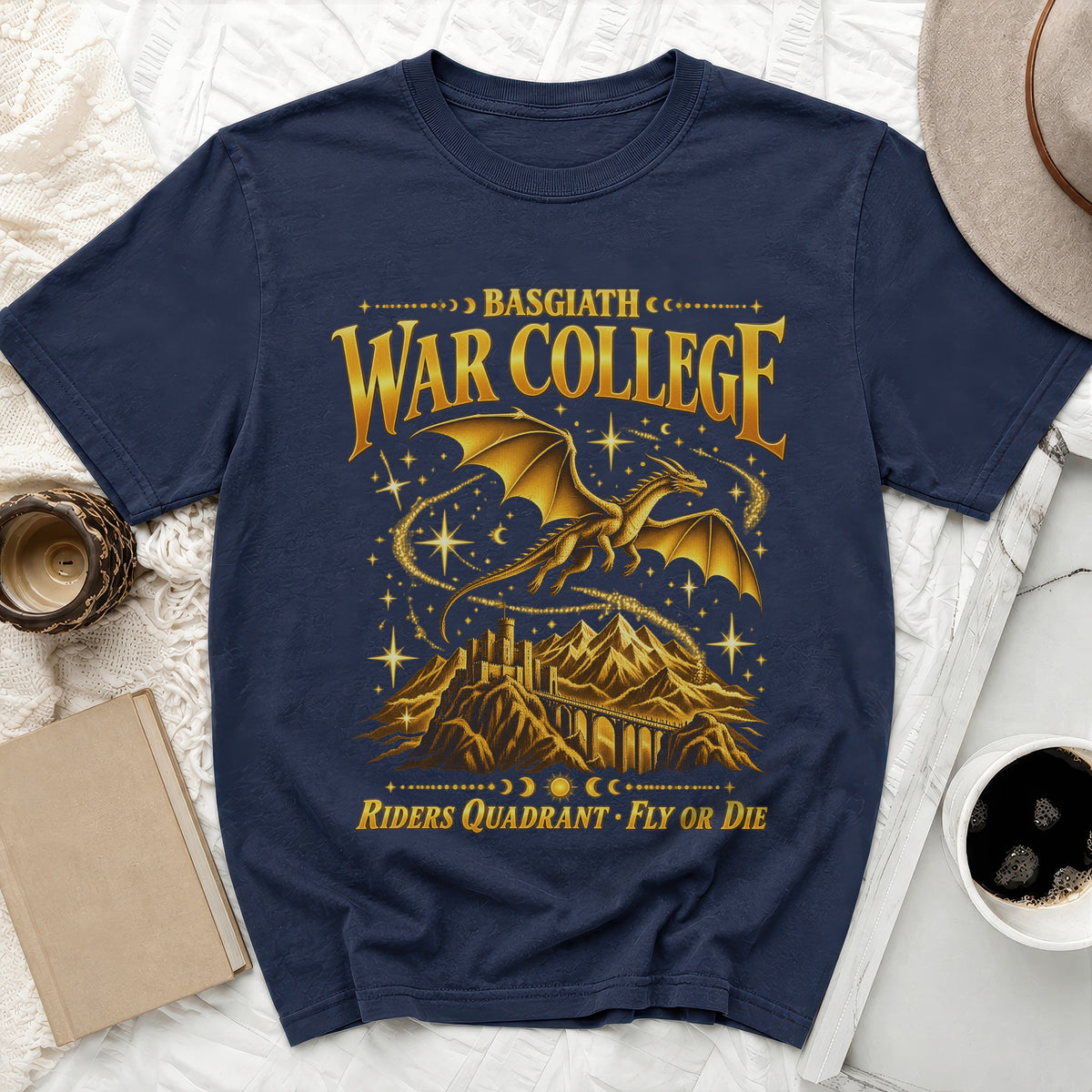 Navy t-shirt with gold dragon, castle, and text: Basgiath War College.