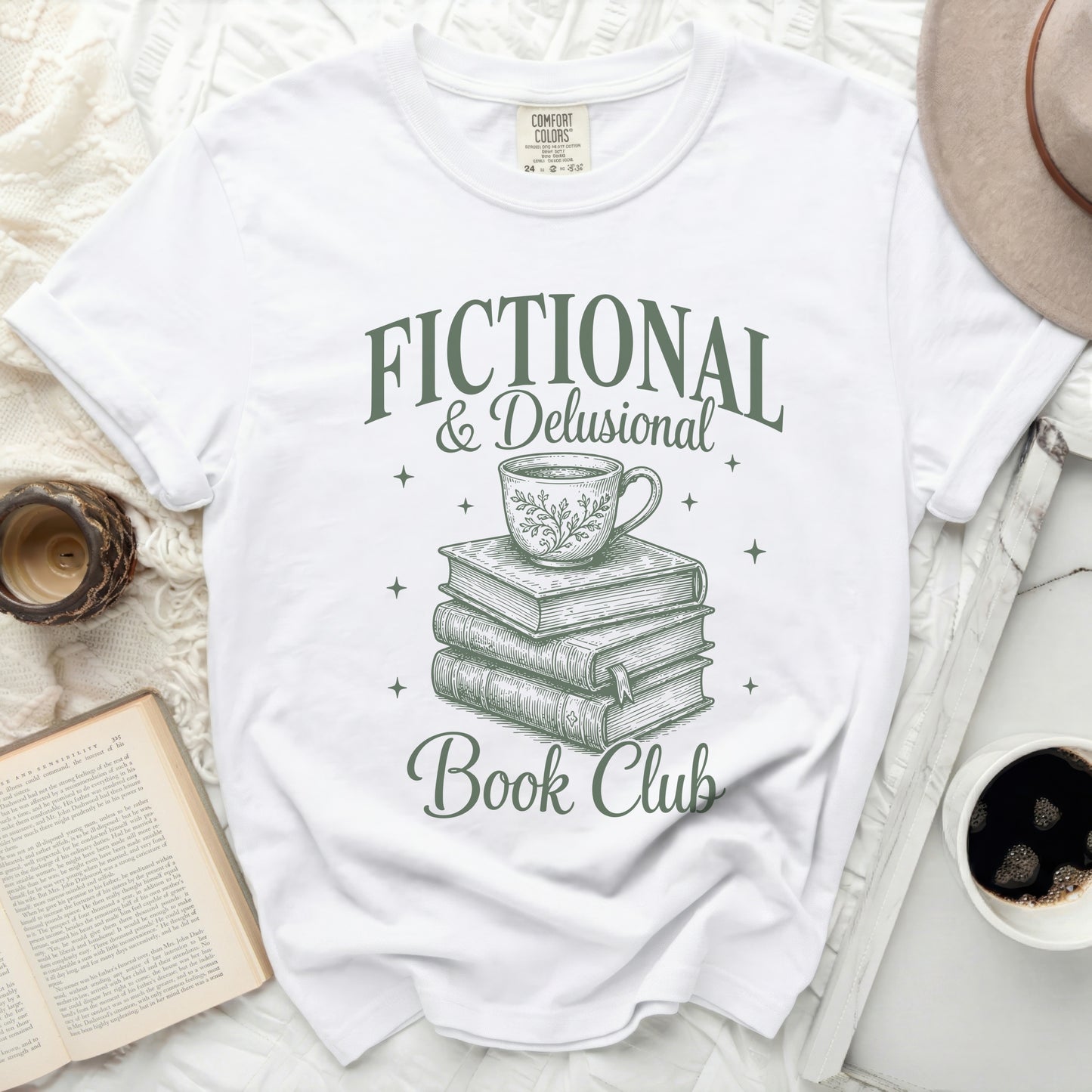 White t-shirt with "Fictional & Delusional Book Club" text.