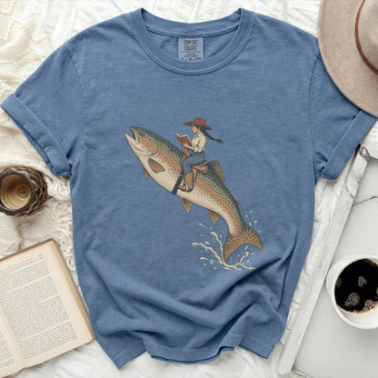Woman riding a trout while reading a book