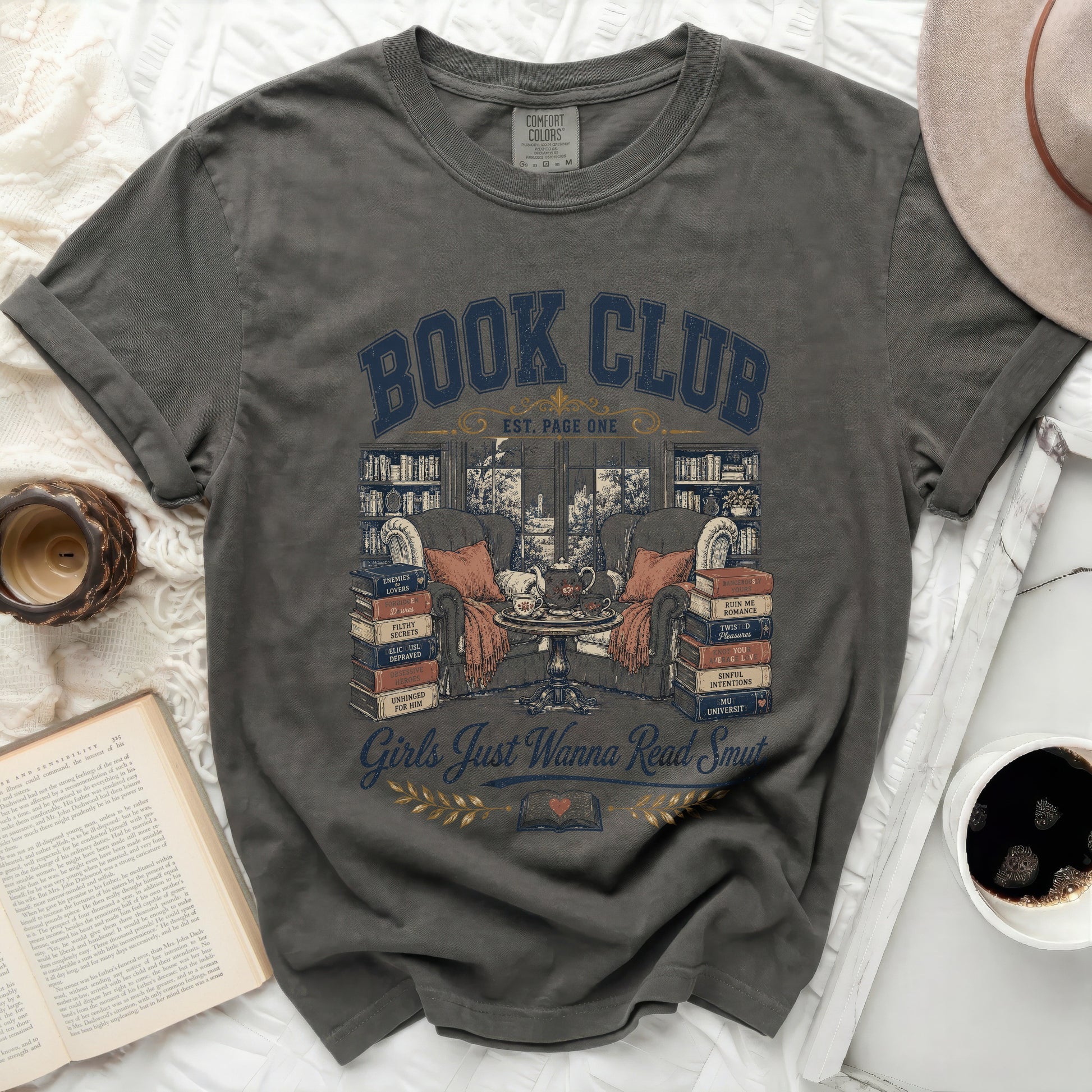 Book club graphic tee with "Girls Just Wanna Read Smut" text.
